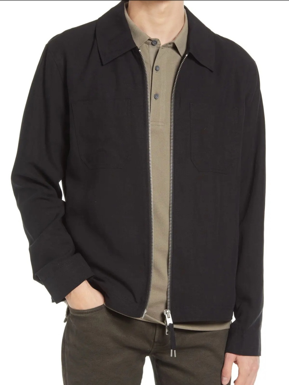 AllSaints Men's Black Zip-Front Lightweight Shirt Jacket